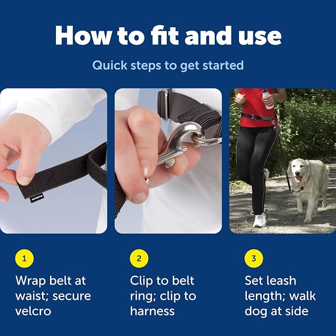 PetSafe Hands Free Dog Leash, Black | Waist Leash Great for Running, Jogging, Walking and Hiking, Quick-Release Hook & Loop Closure