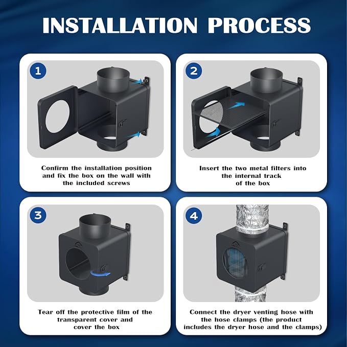Metal Dryer Duct Lint Trap,Indoor Dryer Vent Kit with Lint Catcher,Secondary Lint Trap with 4inch 8FT Dryer Vent Hose,2 Clamps,Lint Trap for Electric Dryers Vent and Gas Dryer Vent