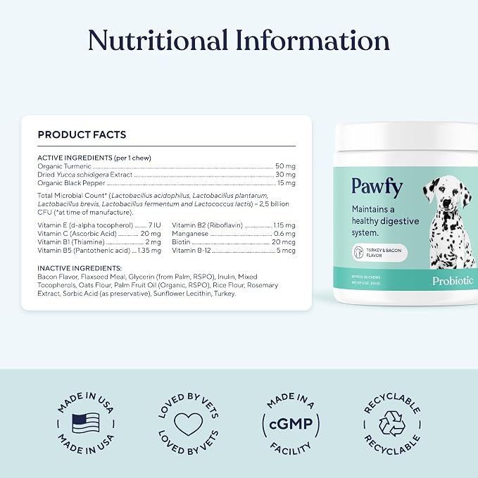 Pawfy Probiotics for Dogs - Digestive & Gut Health Supplement for Yeast