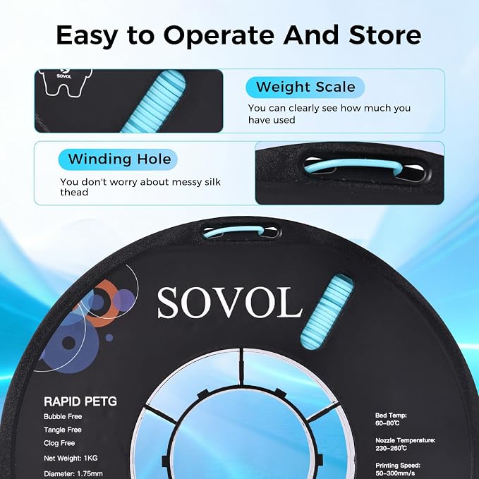 Sovol 3D Printer Rapid PETG Filament 1.75mm 1KG (2.2lbs), High Precision, Strong Toughness, Wiring Tightness, Dimensional Accuracy +/- 0.03 mm, 3D Printing High Speed PETG Filaments, Light Blue