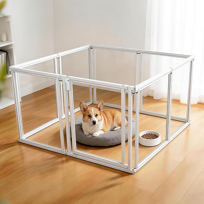24" H Clear Dog Playpen Indoor, Metal Frame Acrylic Dog Play Pen Cage with Door - 8 Panels, Easy Assemble Pet Fence, DIY Foldable Puppy Pen for Ducks Cat Rabbit Small & Medium Pets- White