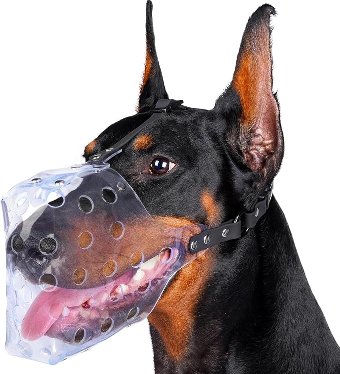 Clear Basket Dog Muzzle for Large Medium Small Dogs Doberman | Free Panting Breathable Cage Mouth Cover to Anti Biting Eating Large Rocks with Soft Edge Adjustable Strap Walking Training