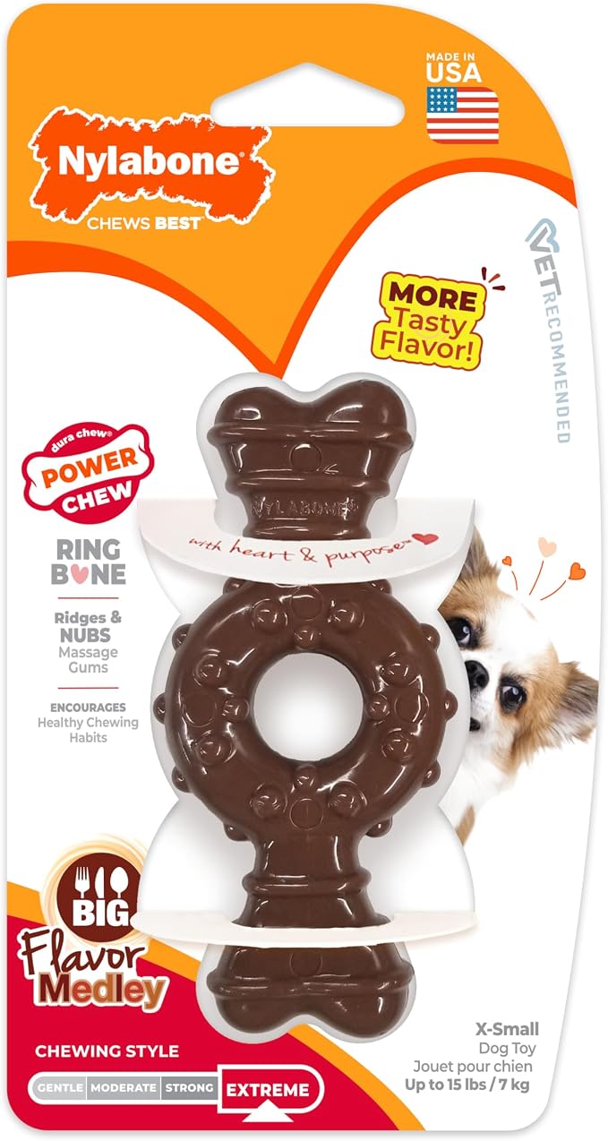 Nylabone Power Chew Ring Bone Dog Chew Toy, Flavor Medley, X-Small | Durable chew toys, long lasting, discourages destructive chewing, teeth-cleaning textures, for dogs up to 15 lbs