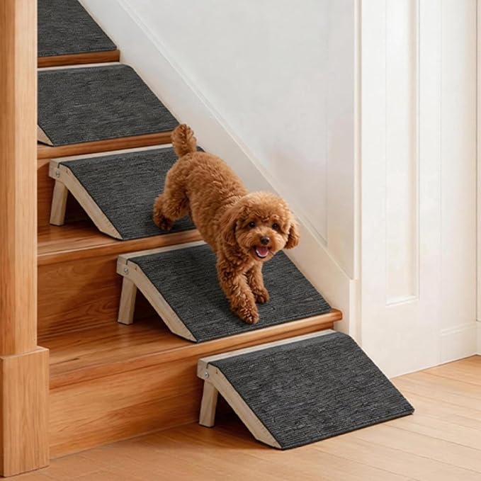 Dog Ramp for Stairs 4 Pack - Adjustable Wooden Stair Wedges for Small Dogs, Foldable Indoor Dog Stair Ramp and Non-Slip Pads for Senior and Short-Legged Pets