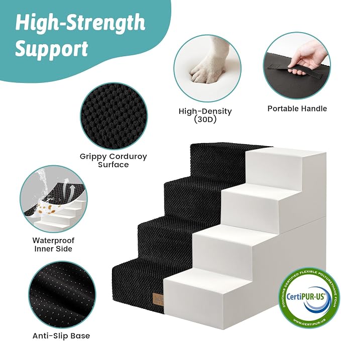 COZY KISS Dog Stairs for Small Dogs, 4 Tier Removable Wider Pet Stairs for Couch and Bed, 17.7" H Dog Steps for Old Cats, Puppy, Small Dogs, 17.7x23.6x17.7 inch, Black