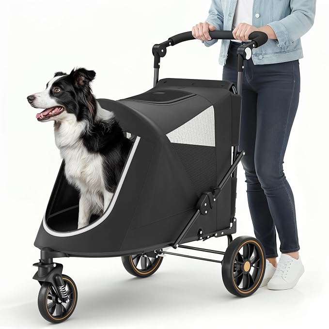 MoNiBloom 3-Wheel Pet Stroller for Large Dogs - Black, up to 55lbs, Dual Entry