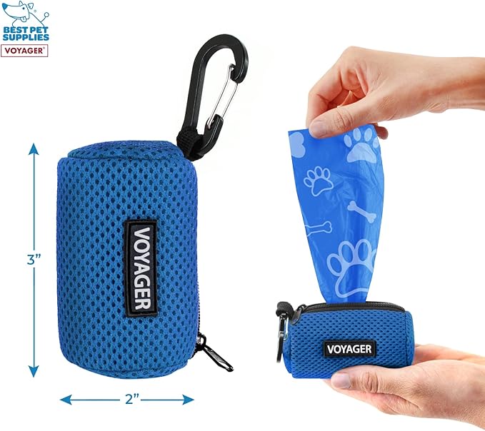 Best Pet Supplies Dog Poop Bag Holder Leash Attachment with 15 Bags, Royal Blue, Reusable Mesh Dispenser Pouch for Travel, Walking, Park, and Outdoor Use, Soft and Durable with Clip-On
