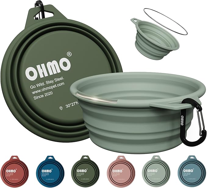 OHMO Collapsible Dog Water Bowls with Steel Ring, 2 Pack, Large 27oz/800ml