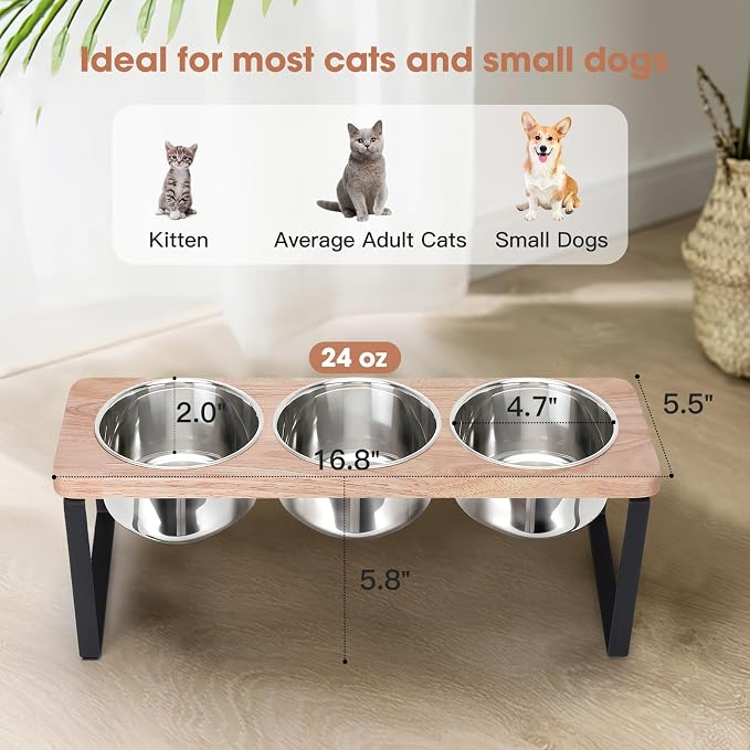 Elevated Cat Bowls with 3 Stainless Steel Bowls, 15° Tilted Raised Cat Food Bowl Wood Pet Bowls with Stand Anti Vomiting 2 Stainless Steel Bowl for Cats and Puppy