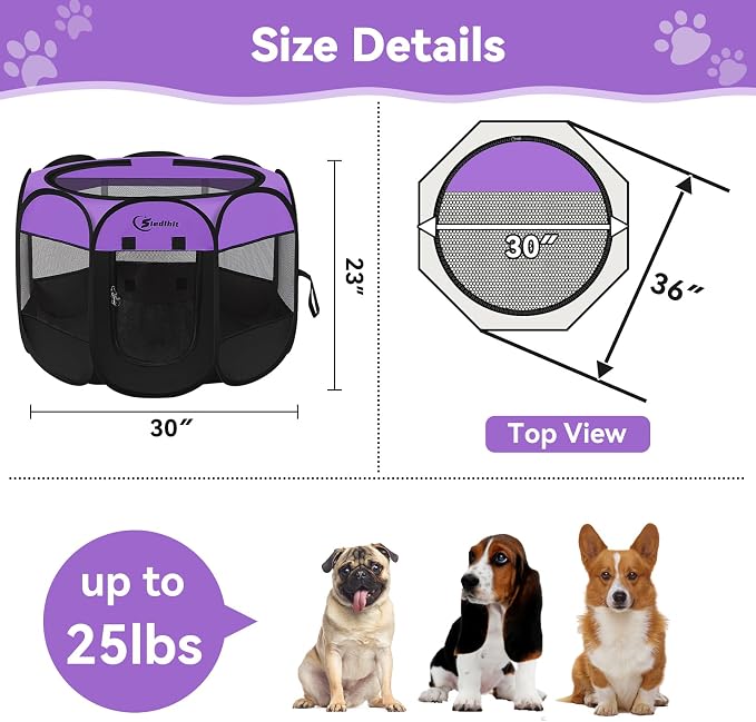 Siedihit Dog Playpen, Puppy Pet Playpen, Dog Crate Tent Cage Indoor/Outdoor, Portable Pop Up Dogs Kennel Playpen with Carrying Case for Dogs/Cats/Rabbits, Purple, Medium