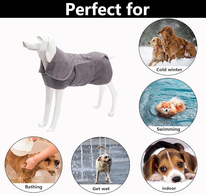 Geyecete Dog Drying Coat - Super Absorbent Dog Bath Robe - Microfibre Fast Drying Towel, Luxuriously Soft - Gray - M