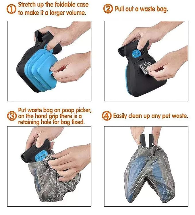 Dog Pooper Scooper Portable Pet Scoop Waste Pick Up Clean-Up Foldable Expandable Sanitary Cleaner with Bag Dispenser for Dogs Pets