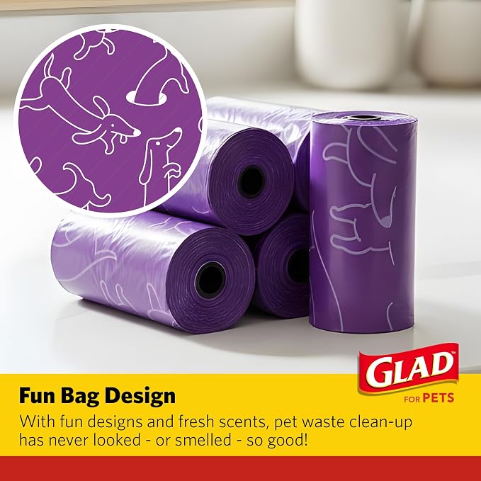 Glad for Pets Scented Dog Waste Bags, Tear-Resistant Pet Poop Pick-up Bags with Leak Protection, Fresh Lavender Scent, Fun Purple Bag Designs, 6 Rolls, 90 Bags Total