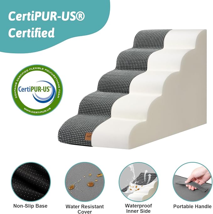 COZY KISS Wide Dog Stair for Small Dog 22.6" H, 5 Step Pet Ramp for Bed | Curved Stable Dog Step for Puppy, Older Cat, Senior, Medium, Short-Legged Dog, Non-Slip Ladder for Car, Charcoal Grey