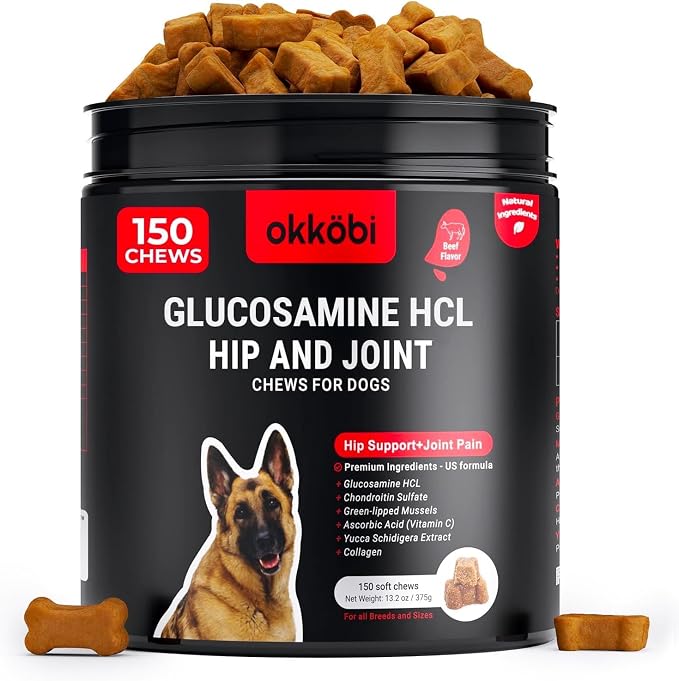 Glucosamine HCL & Hip and Joint Supplement for Dogs - 150 pcs - Hip and Joint Chews for Dogs - Vet Approved US Formula with MSM & Green Lipped Mussel - Beef