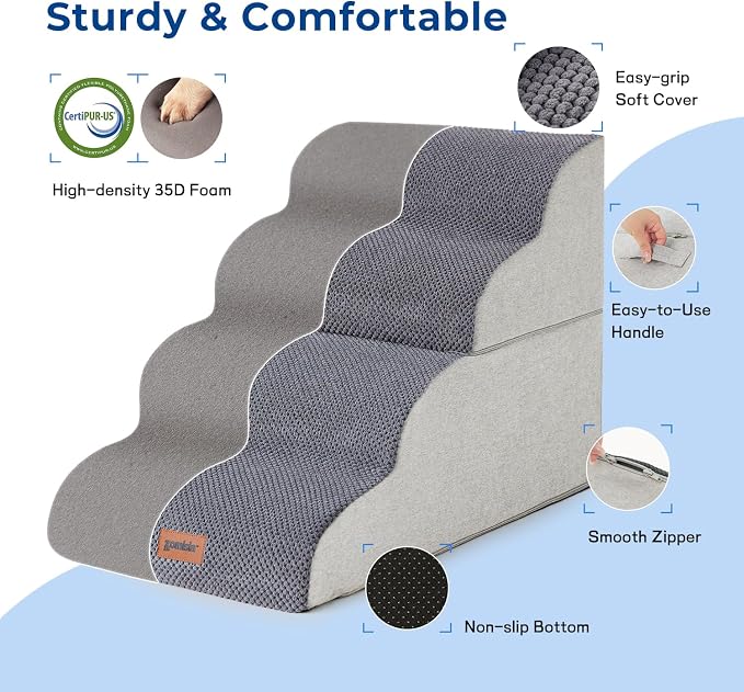 ZOMISIA Dog Stairs Ramp for Bed 19.7" H - Pet Stairs Steps for Small to Medium Dogs to Get on Bed and Couch, 35D Foam with Non-Slip Bottom Beige, 4 Steps