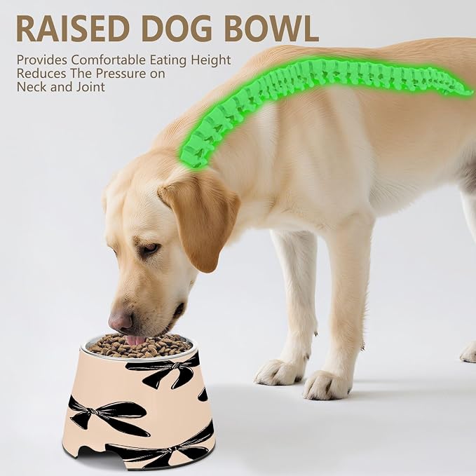 Blueangle Elevated Dog Bowls with Stainless Steel - Non-Slip 2.3 Cup High Capacity Pet Dish for Spinal Health & Black Bow Design（382）