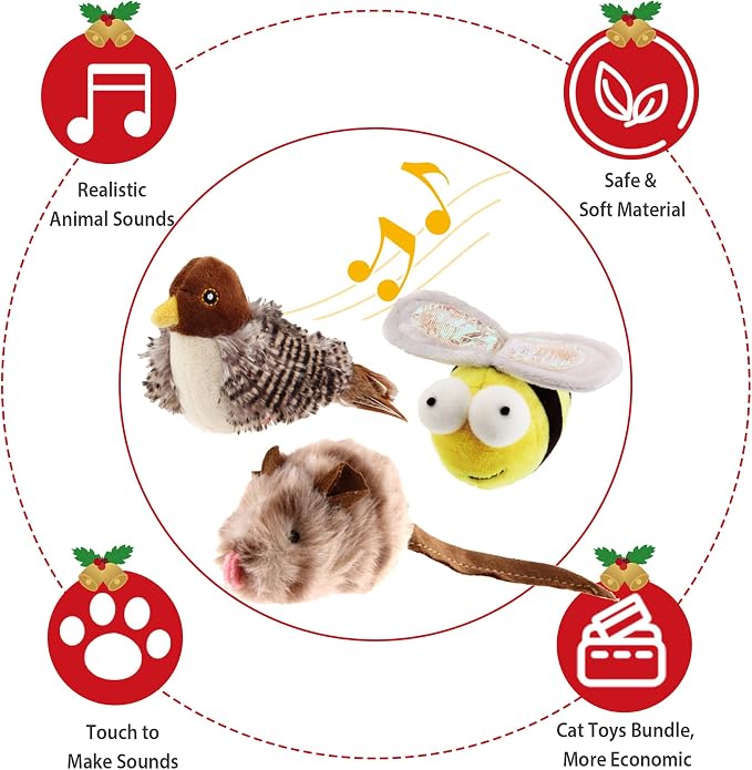 Gigwi 3 Pack Automatic Cat Toys, Interactive Squeaky Toys for Cats Inddoor | Stimulate Cat Hunting Instinct, Relieve Boredom, Squeaky Bird Bee and Mouse, Soft Plush, Perfect for Puppy Indoor Play