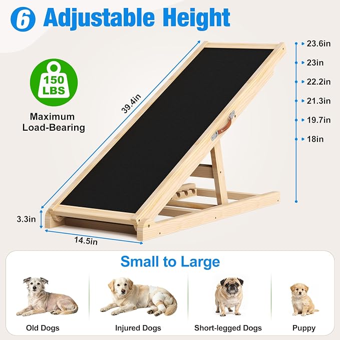 Tresbro Dog Ramp for Couch, 39.4'' Long 18''-23.6'' Height Pet Ramp | 6 Adjustable Height, Anti-Slip & Easy Clean Surface Mat, Capacity Up to 150LB, Easy to Store & Portable, Promote Joint Health