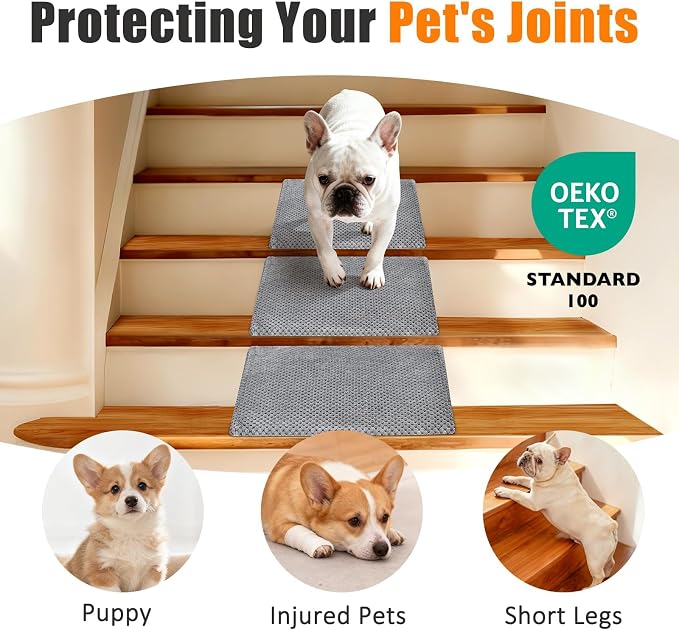 Dog Ramp for Stairs, Non-Slip Stair Wedges with Gentle Slope, Pet Ramp with Washable Cover and Self-Sticky Pads for Safe Climbing, Gray, 6 Pack