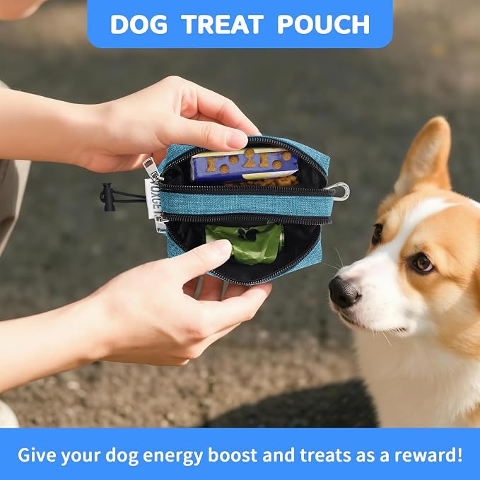 Dog Poop Bag Holder for Leashes, Puppy Treat Pouch Carrier with 2 Zipper Pockets and Clip for Pets Doggy Training, Dog Waste Bag Dispenser with 1 Roll Poop Bags for Walking Accessories (Green)