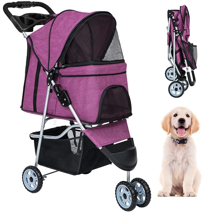 BestPet 3-Wheel Pet Stroller - Purple, Cup Holder