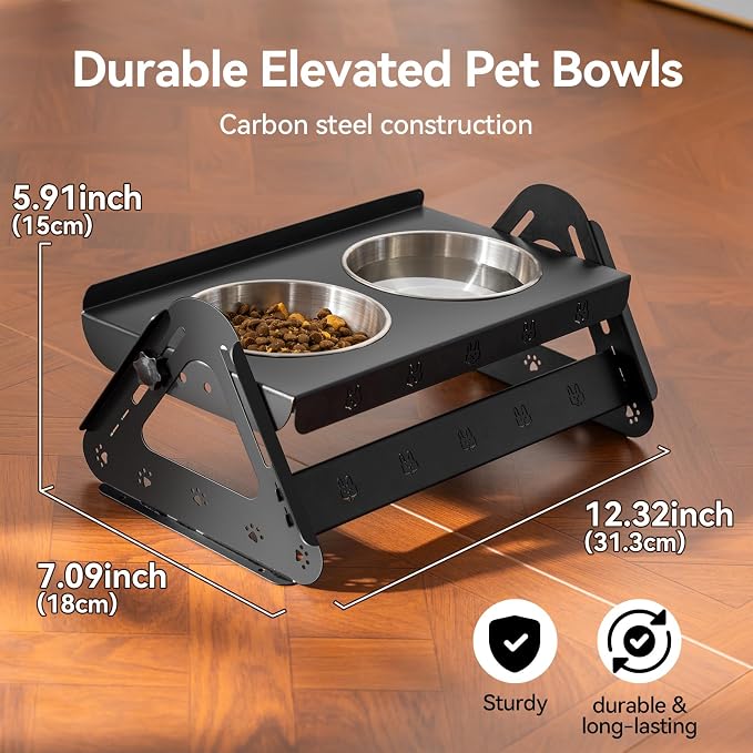 JUNSPOW Elevated Dog Bowls with 2 400ml Stainless Steel Bowls for Small Medium Dogs Cats, 3.35''-6.3'' Height Adjustable and 15° Tilted Adjustment Raised Stand, Lifted Pet Food & Water Feeder