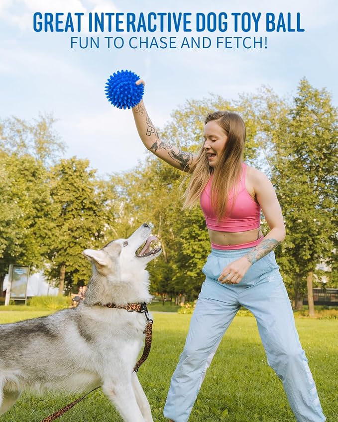 Pweituoet 4.5” Heavy Duty Squeaky Dog Balls for Medium Large Dogs, Dog Toys for Aggressive Chewers, Spike Ball Toys for Clean Teeth and Training(2 Pack) (4.5" red and Blue)
