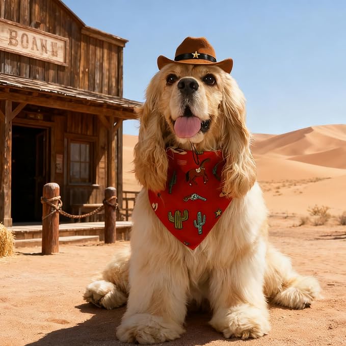 HOWWFALY Pet Cowboy Costume Set Dog Halloween Costumes Cat Cowboy Hat & Bandana Scarf, Medium, Small, Red