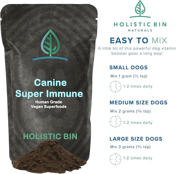 Holistic Bin Canine Super Immune Blend | Nutrient-Rich Dog Food Toppers, Plant-Based Supplements for Pets | Greens, Mushrooms and Probiotic Wellness Blend | Ideal for Aging Dogs | Immune Powder (100g)