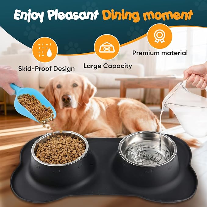Double Dog Food Bowls Stainless Steel & Water Dish with No-Spill and Non-Slip Silicone Mat, Removable Puppy Feeder Bowls for Small Medium Size Cat Dogs Kitten,14oz