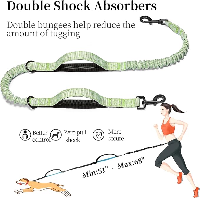 iYoShop Hands Free Dog Leash with Zipper Pouch, Green Heart, Large | Waist Leash, Dual Padded Handles, Shock-Absorbing Bungee, Adjustable Waist Belt, Walking and Running