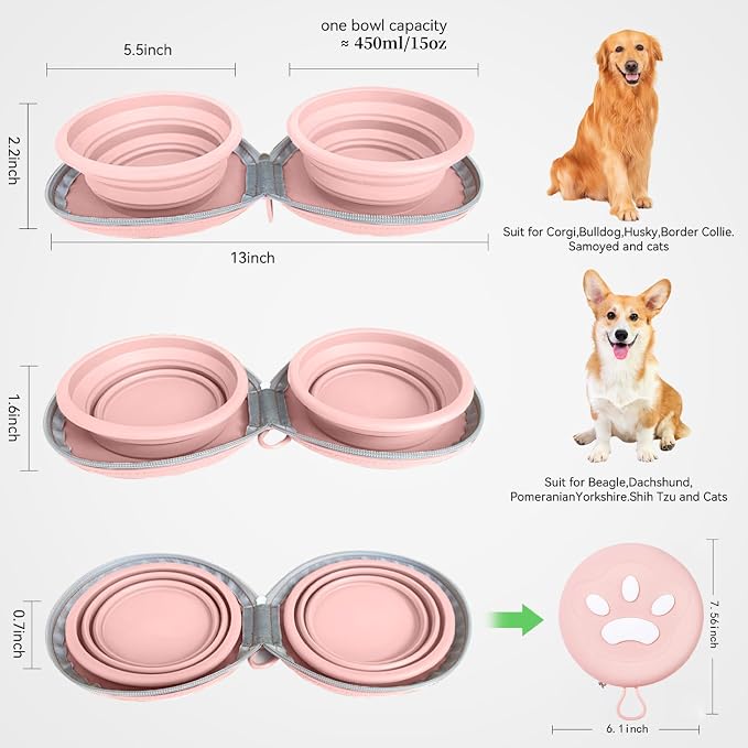 Collapsible 2-in-1 Dog Bowls, Leakproof Double Silicone, Pink