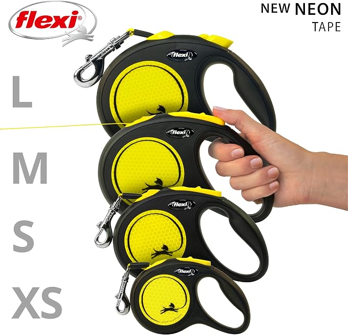 FLEXI® Neon Tape Retractable Dog Leash, Large, 16 ft - Neon Yellow/Black | German engineered, original flexi leash, durable quality for dogs up to 110 lbs, tangle-free, walking, reliable brake system