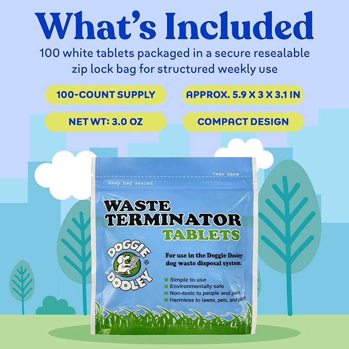 Doggie Dooley Waste Terminator Tablets - 100 Count - Pet Digester Concentrate for In-Ground Disposal Unit - Break Down Solid Waste - Resealable Pouch - Weekly Formula for Large Breeds - White