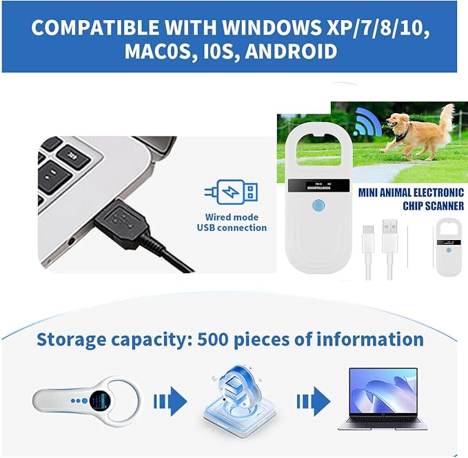 Dog Cat Microchip Reader, 134.2kHz 128 Groups of Data Storage Animal Chip Registration RFID Microchips Scanner,5V USB2.0 Pet Chip Scanner