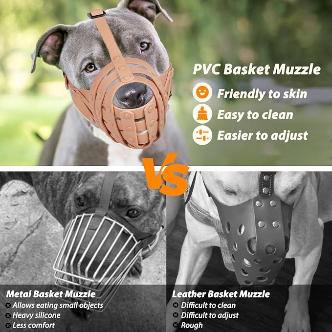 Pitbull Dog Muzzle for Large Medium Dogs Prevent Biting Scavenging | Fits Rottweiler Amstaff Broad-nosed Breed, Sturdy Breathable Basket, Training Walking Use, Allows to Drink | Apricot, L