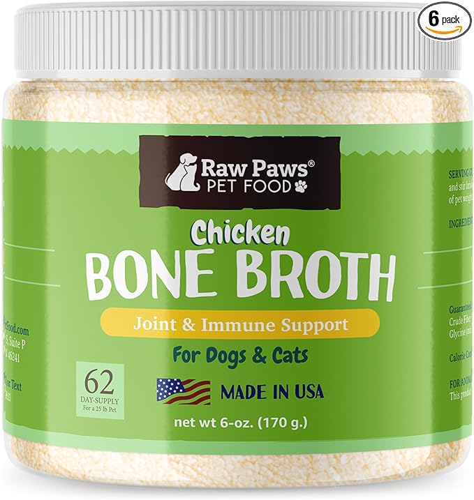 Raw Paws Chicken Bone Broth for Dogs & Cats, 6-oz - Made in USA - Dog Food Topper - Bone Broth Protein Powder for Dogs and Cats - Supports Joint Health - All Ages, Sizes & Breeds