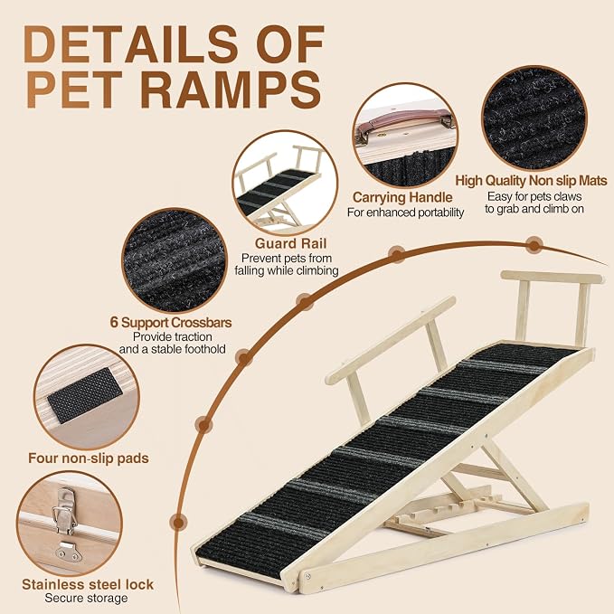 Dog Ramp for Bed - 53.3" Long Foldable Pet Ramp for Small Large Dogs - Dog Ramps for High Beds Couch Car/SUV - Pet Stairs High Traction with Platform 7 Adjustable Heights 17" to 30" Up to 200LBS, Wood