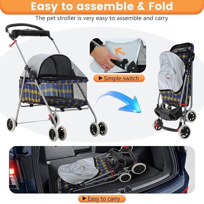 BestPet 4-Wheel Foldable Pet Stroller - Yellow Plaid, up to 33lbs