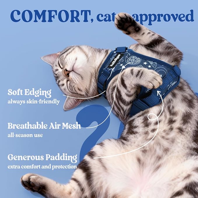 rabbitgoo Cat Harness and Leash Set, Escape Proof Vest, Cosmic Ace | Soft Breathable Mesh, Easy Adjustable Fit, Snap Buckles, Sturdy Clip, Reflective Strips, for Small & Average Cats Walks, Xs