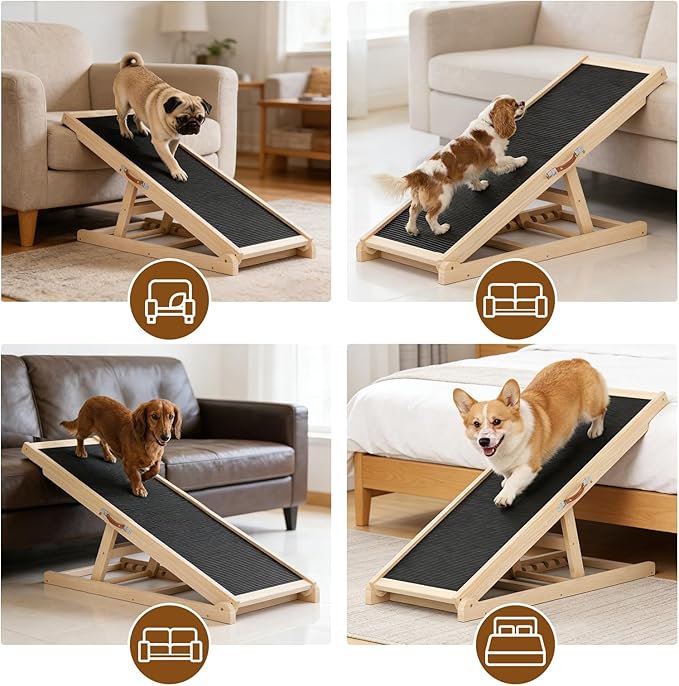 Dog Ramp for Couch, Adjustable Height Ramps for Pets to Get on Bed | Height from 18" to 23.6", with Traction Rubber Mat, Capacity 110ibs, Wooden Portable Stairs for Small Dogs