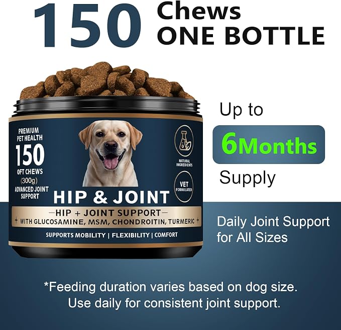 Glucosamine for Dogs - 150 Soft Chews, Hip & Joint Supplement with MSM, Chondroitin, Turmeric – Joint Support for Dogs Chicken Flavor – Vet Formulated – 2-Month Supply