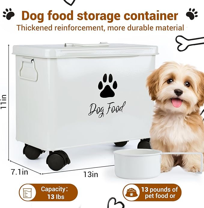 Dog Food Container 13lb, The storage container for small and medium-sized dog and cat food measures 13 inches (length) x 7.1 inches (width) x 11 inches (height), with enough space to hold 13 pounds of pet favorite dry food., 13lb, Metal, Black