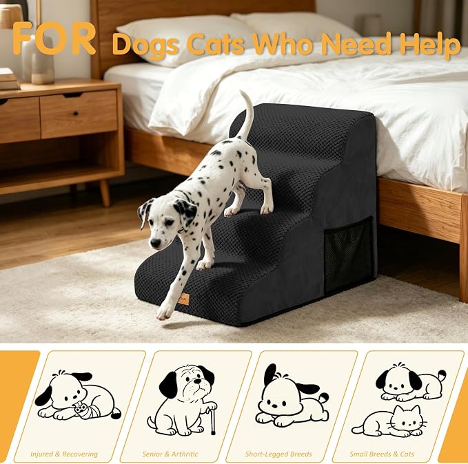 Topmart High Density Foam Dog Steps 4 Tiers,Extra Wide Deep Pet Steps,Non-Slip Dog Stairs Ramp for Bed,Soft Foam Cat Ladder,Best for Older Injured,Older Pets,Cats with Joint Pain
