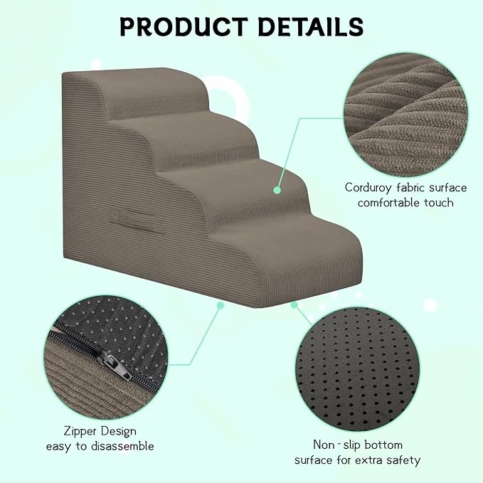 Mesa Lemon Dog Steps for Small Dogs, 4-Step Pet Ramp Stairs for High Beds and Sofa, Non-Slip Pet Stairs for Small Dogs and Cats, Removable and Easy to Clean Cover, Light Brown