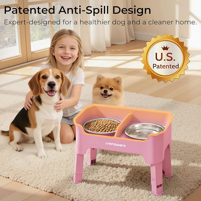 URPOWER Mess Proof Elevated Dog Bowls 4 Height Adjustable Raised Bowl Stand with 2 Stainless Steel Dog Bowls Non-Slip Food and Water Bowl Set for Small and Medium Dogs, Pink