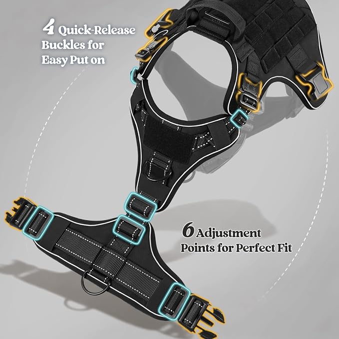 rabbitgoo Tactical Dog Harness for Large, Heavy Duty Military No Pull Vest | Sturdy Metal Buckles, 5 Adjustments, Molle System, Powerful Pullers for Training, Hunting, Outdoor, Black Reflex, Large