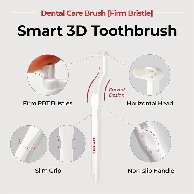JAYU PET Dental Care Brush (Firm Bristles) 3ea - Resilient Dog Toothbrush, Cat Toothbrush for Tartar & Plaque Removal, Horizontal Head and S-Curved Body