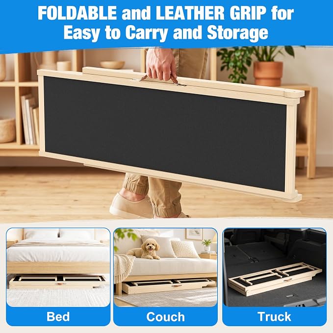 Tresbro Dog Ramp for Bed, 47'' Long 20.3''-27'' Adjustable Height Pet Ramp | 6 Adjustable Height, Anti-Slip & Easy Clean Surface, Capacity Up to 200LBS, Easy to Store & Portable, Guardrails for Safety